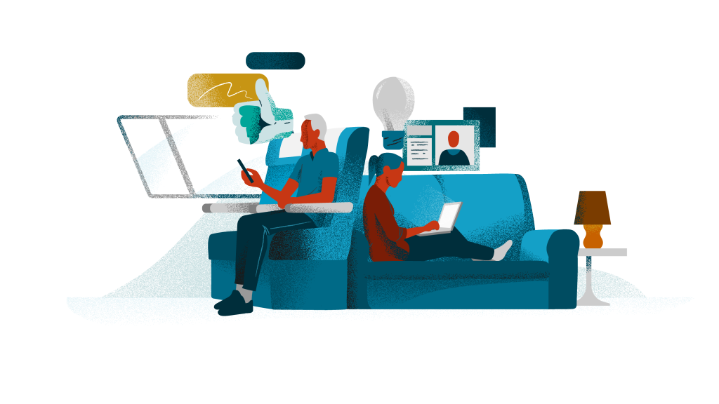 A scene of two illustrated people, one views his phone from an armchair whilst the other views her phone from the sofa